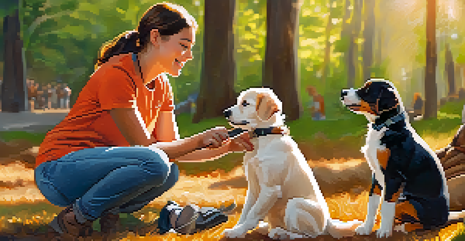 A volunteer kneeling next to a playful puppy at an animal rescue event, showcasing a heartwarming interaction in a sunny outdoor setting.