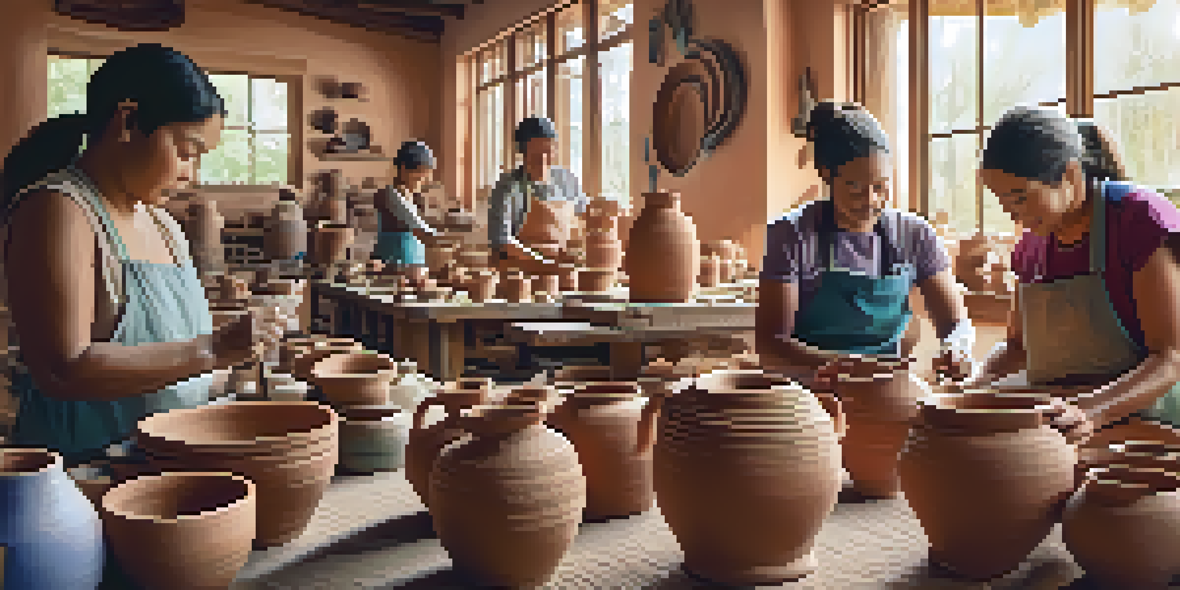 Artisans working in a pottery workshop with clay and colorful pottery pieces, illuminated by warm natural light.