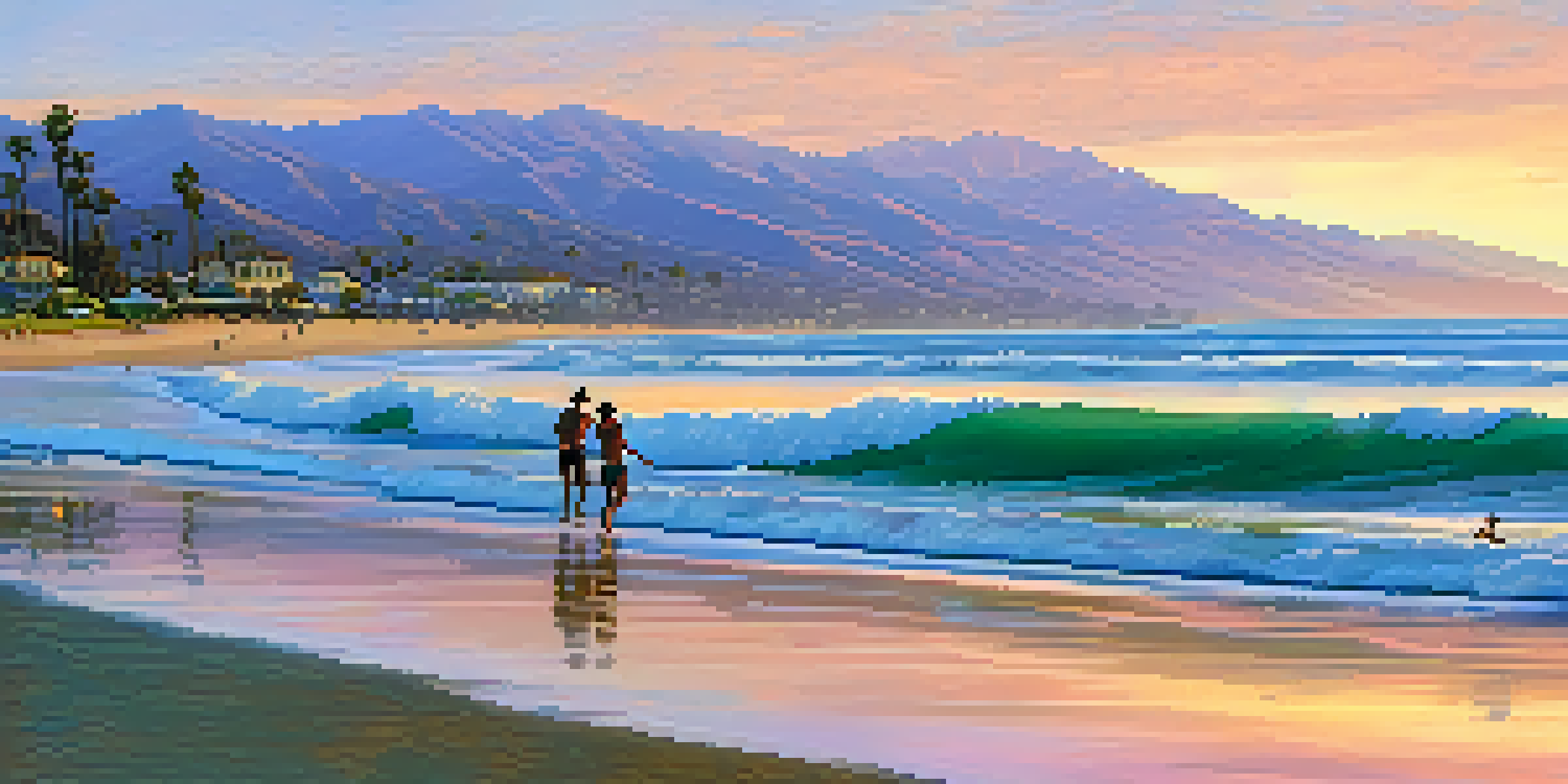 A picturesque beach at sunset with surfers in the water and mountains in the background, featuring vibrant sky colors.