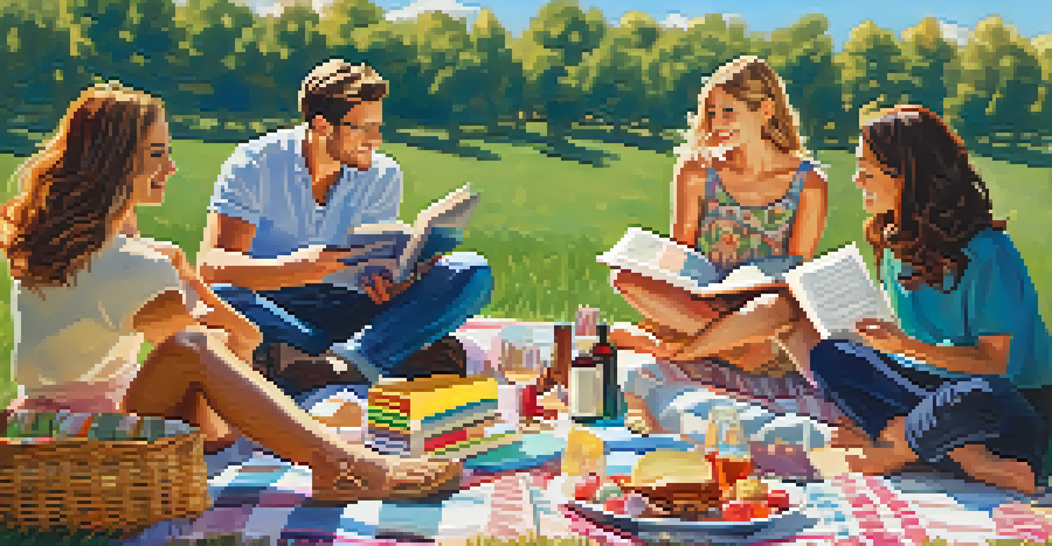 A group of friends enjoying a book club picnic outdoors, with themed food and colorful books spread out on a blanket.