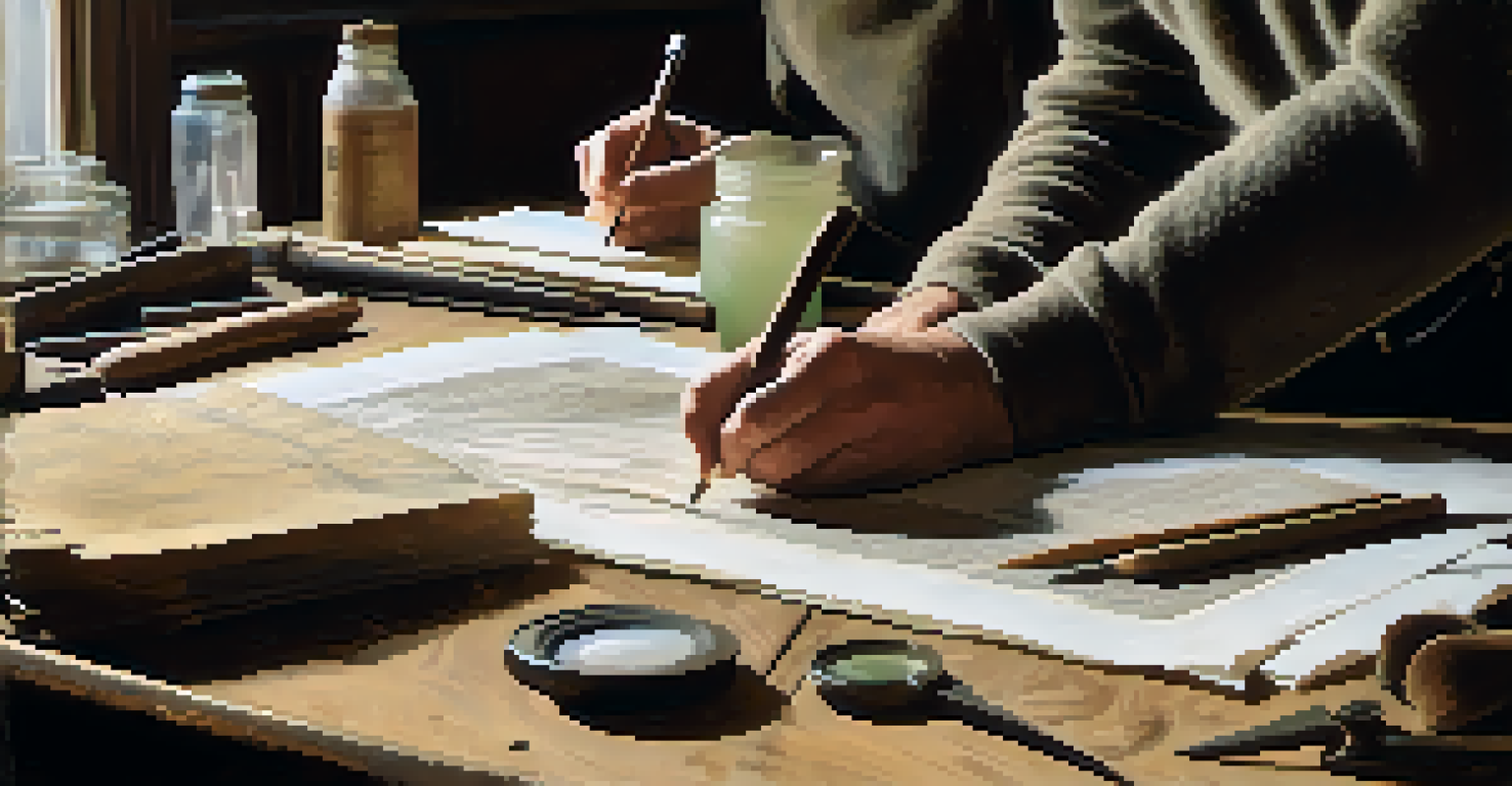 Close-up of hands restoring an old photograph, showcasing tools and focused expressions in a well-lit workspace.