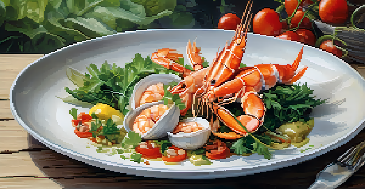 Close-up of a gourmet seafood dish with vegetables and herbs on a wooden table, accompanied by a glass of white wine.