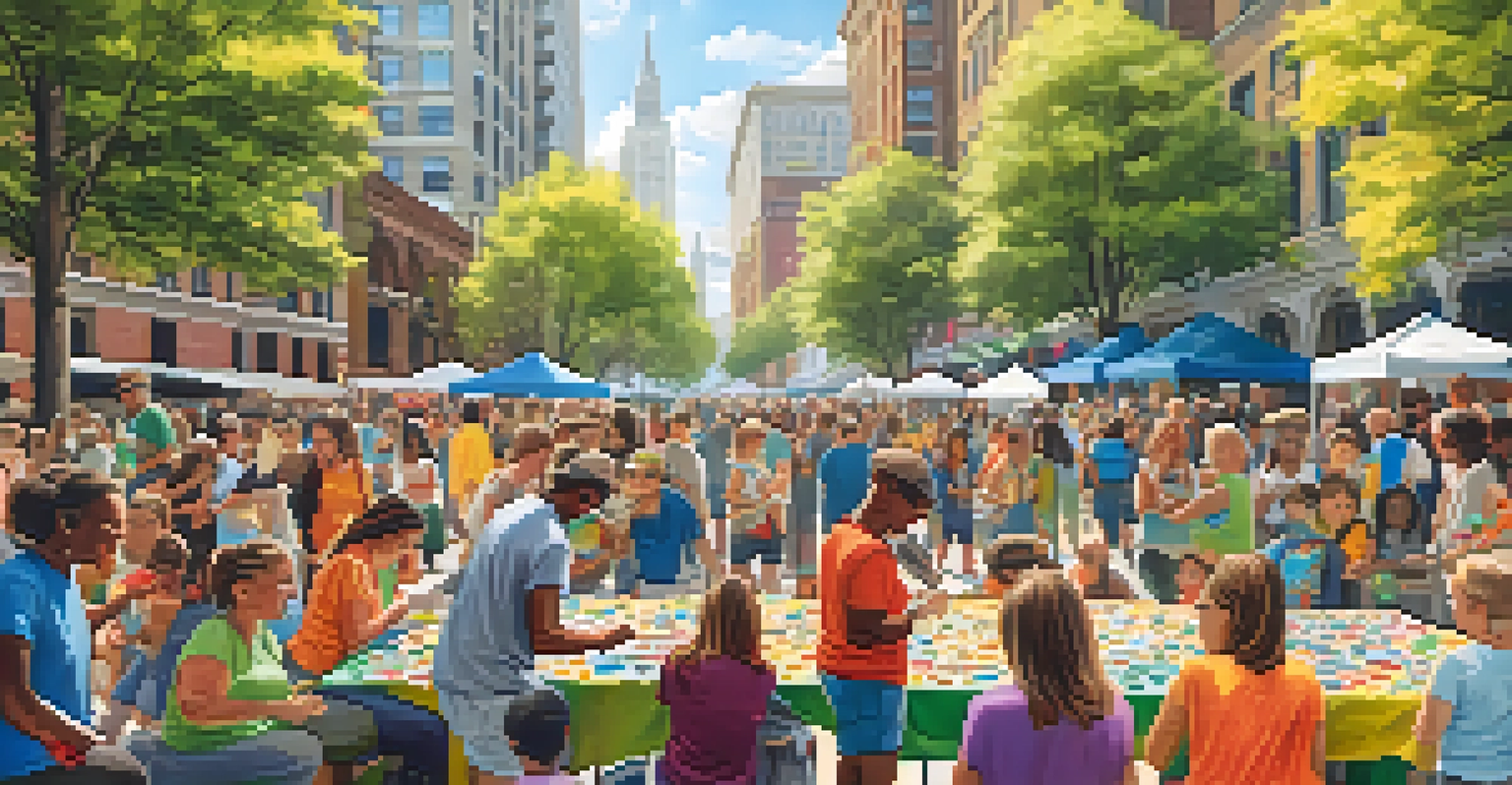 Residents of all ages participate in a collaborative mural painting in an urban square, surrounded by colorful paints and tall buildings.