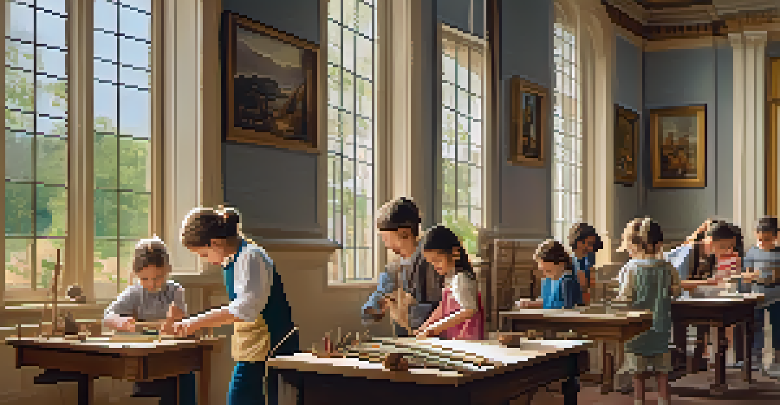Children participating in a hands-on workshop at a museum, crafting traditional artifacts with historical displays around them.
