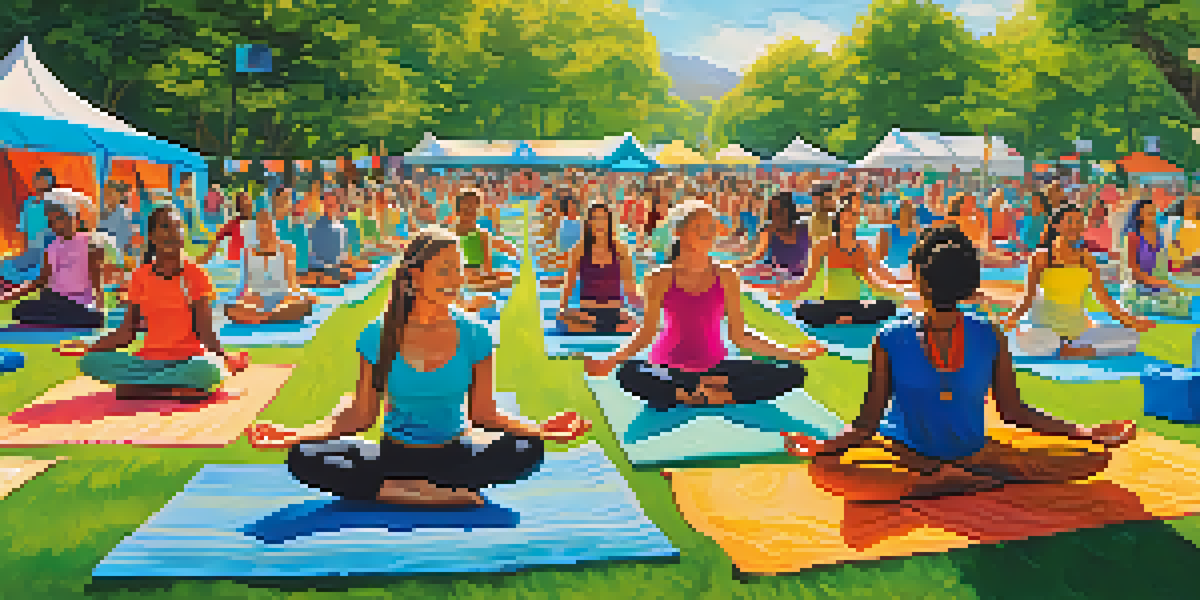 A diverse group of people practicing yoga together at a wellness festival, surrounded by greenery and colorful decorations.
