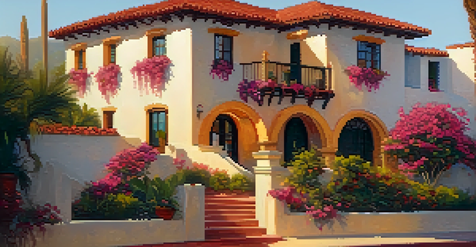 A beautiful Spanish Colonial Revival building in Santa Barbara with a red tile roof and colorful flowers, illuminated by golden hour sunlight.