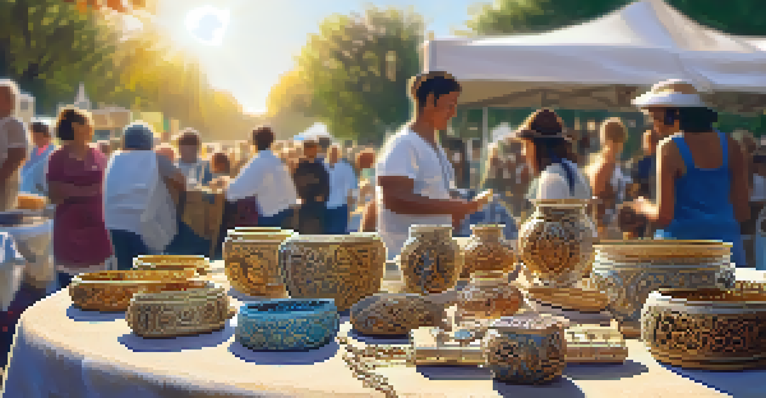 A vendor's table displaying beautiful handmade jewelry and crafts at a lively festival, with people browsing in the background.