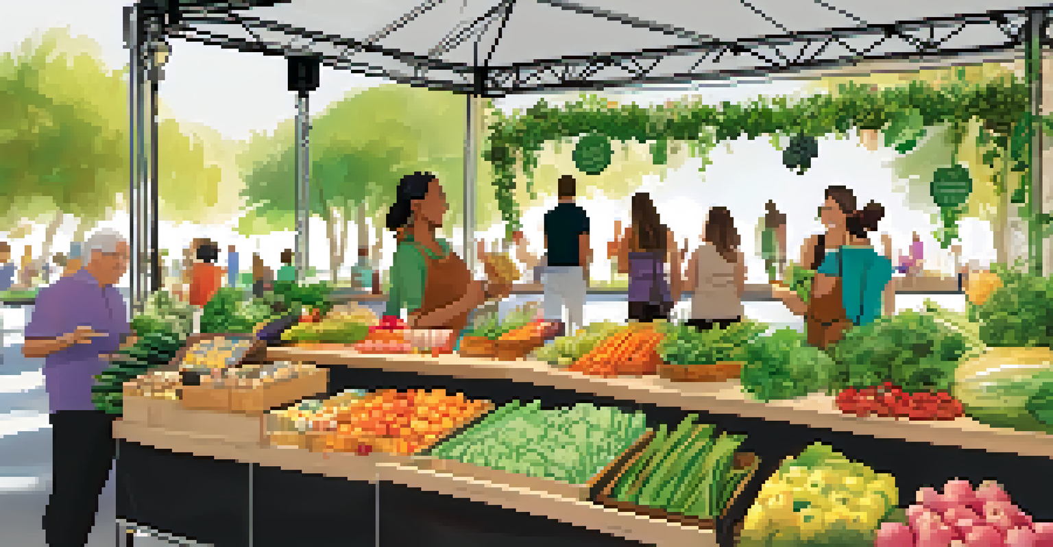 A vendor booth at a wellness festival displaying organic produce and wellness products, with a vendor engaging with attendees.