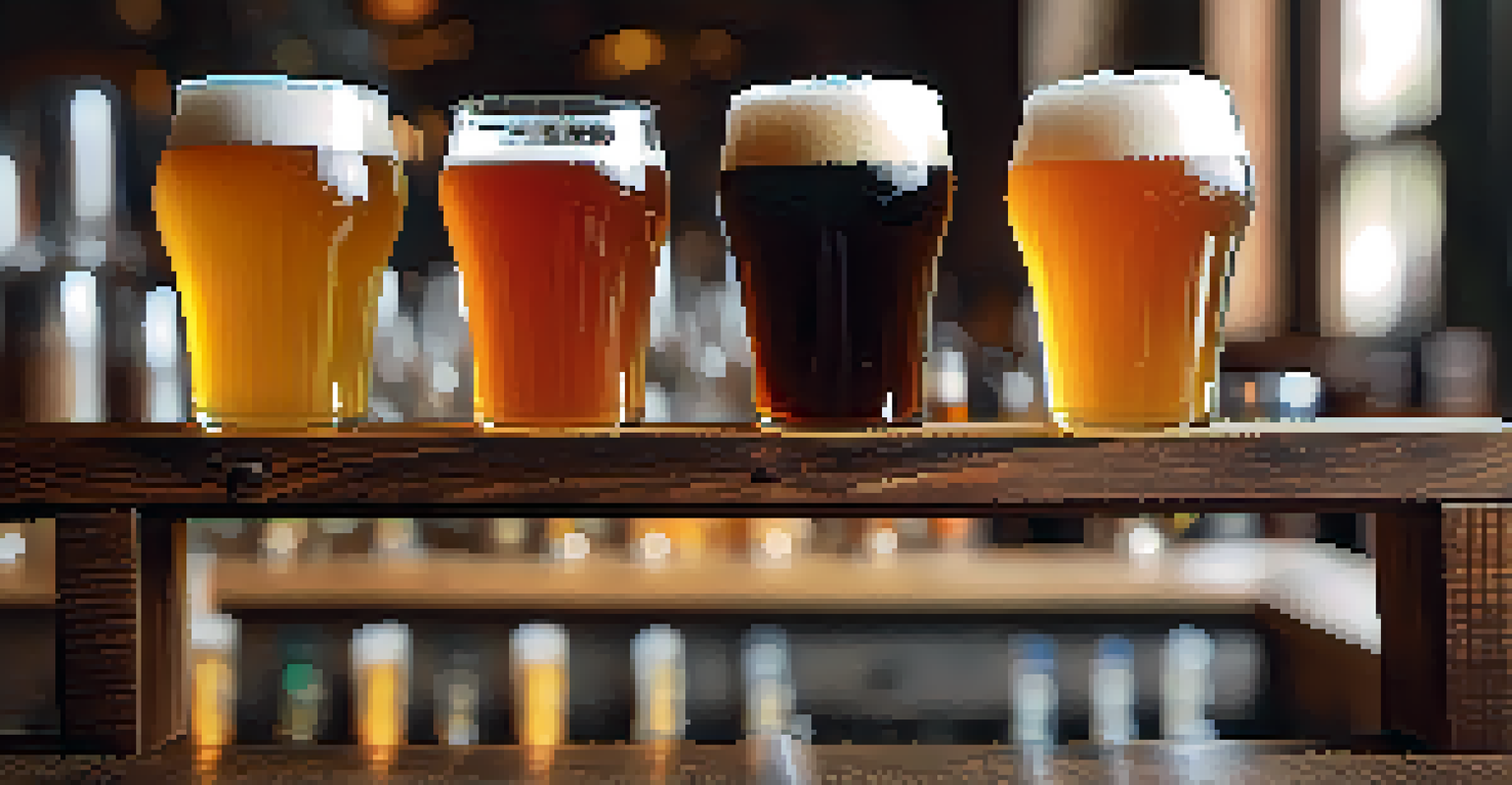 A close-up of a craft beer flight with colorful beers in small glasses on a wooden table, set against a brewery backdrop.