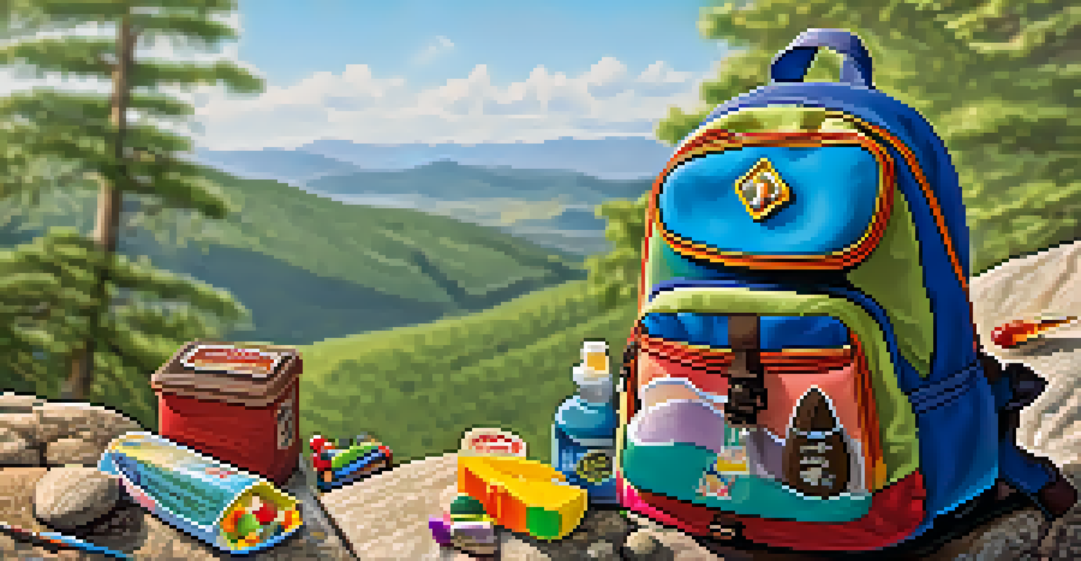 A colorful mini backpack filled with snacks and toys, resting on a rock with rolling hills in the background.