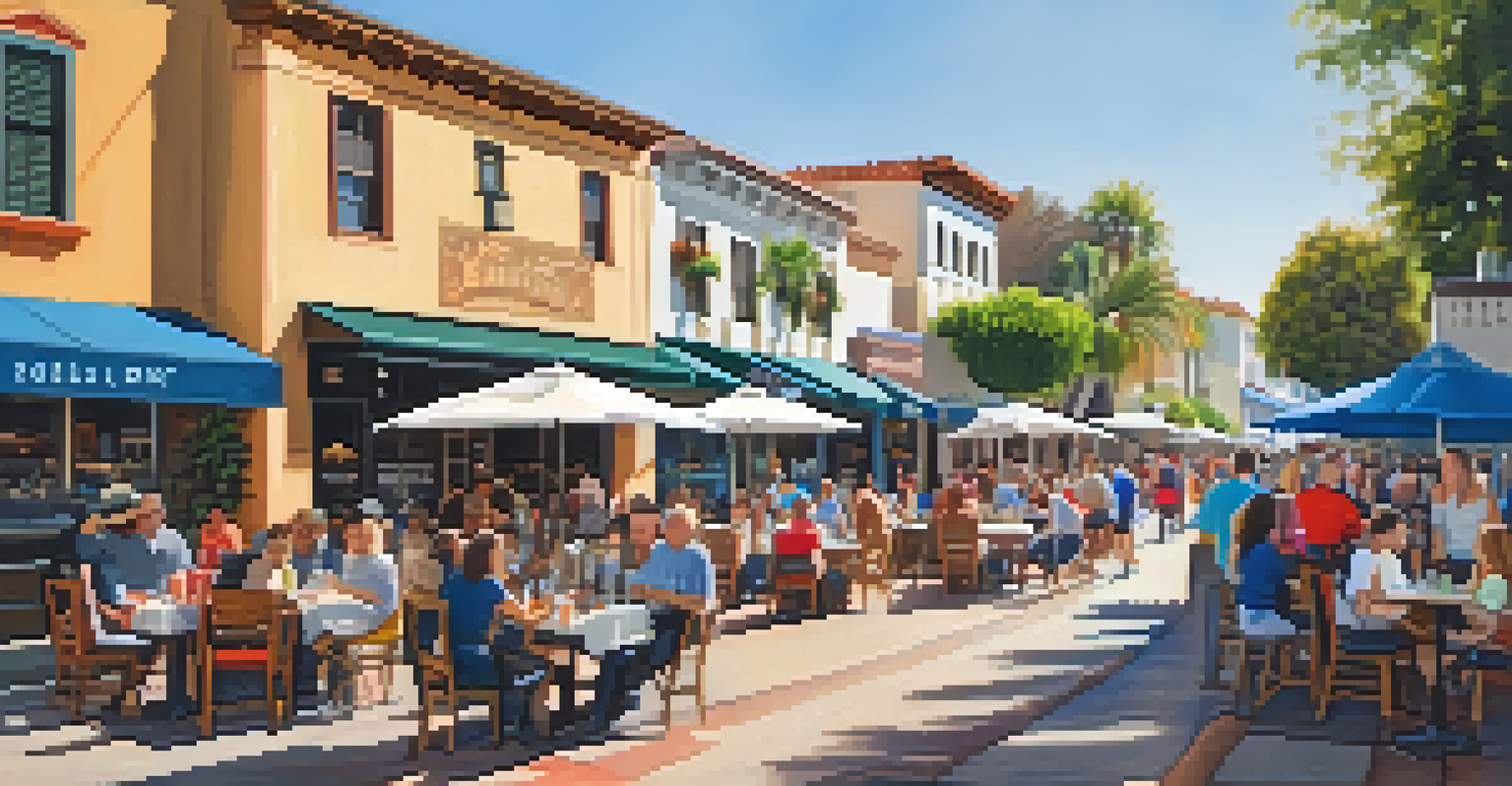 A lively street scene on State Street in Santa Barbara's Historic District, featuring people dining outdoors and colorful historic buildings.