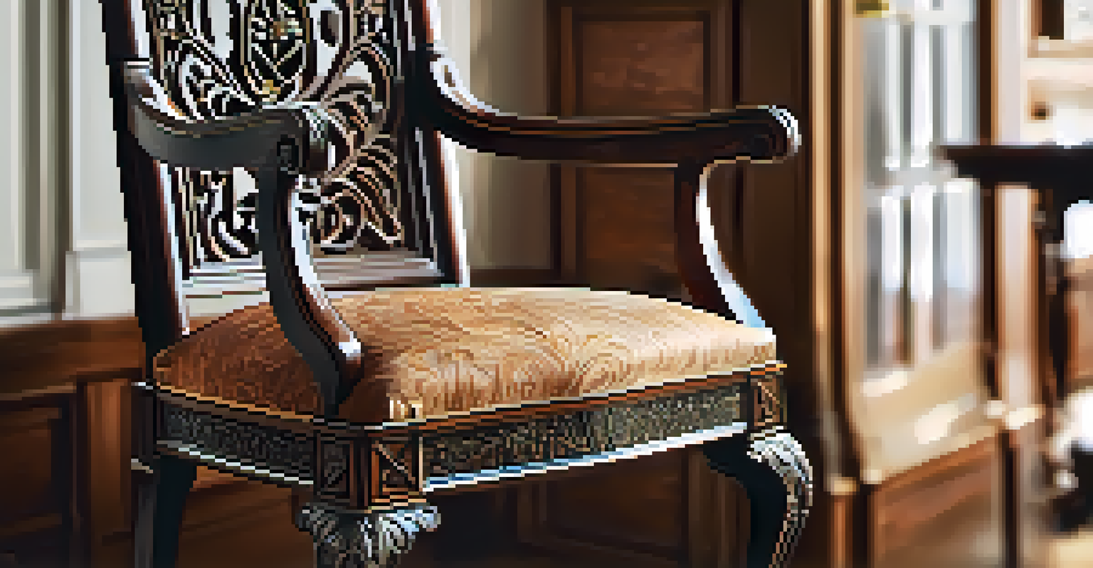 A close-up of a beautifully restored antique wooden chair with intricate carvings.