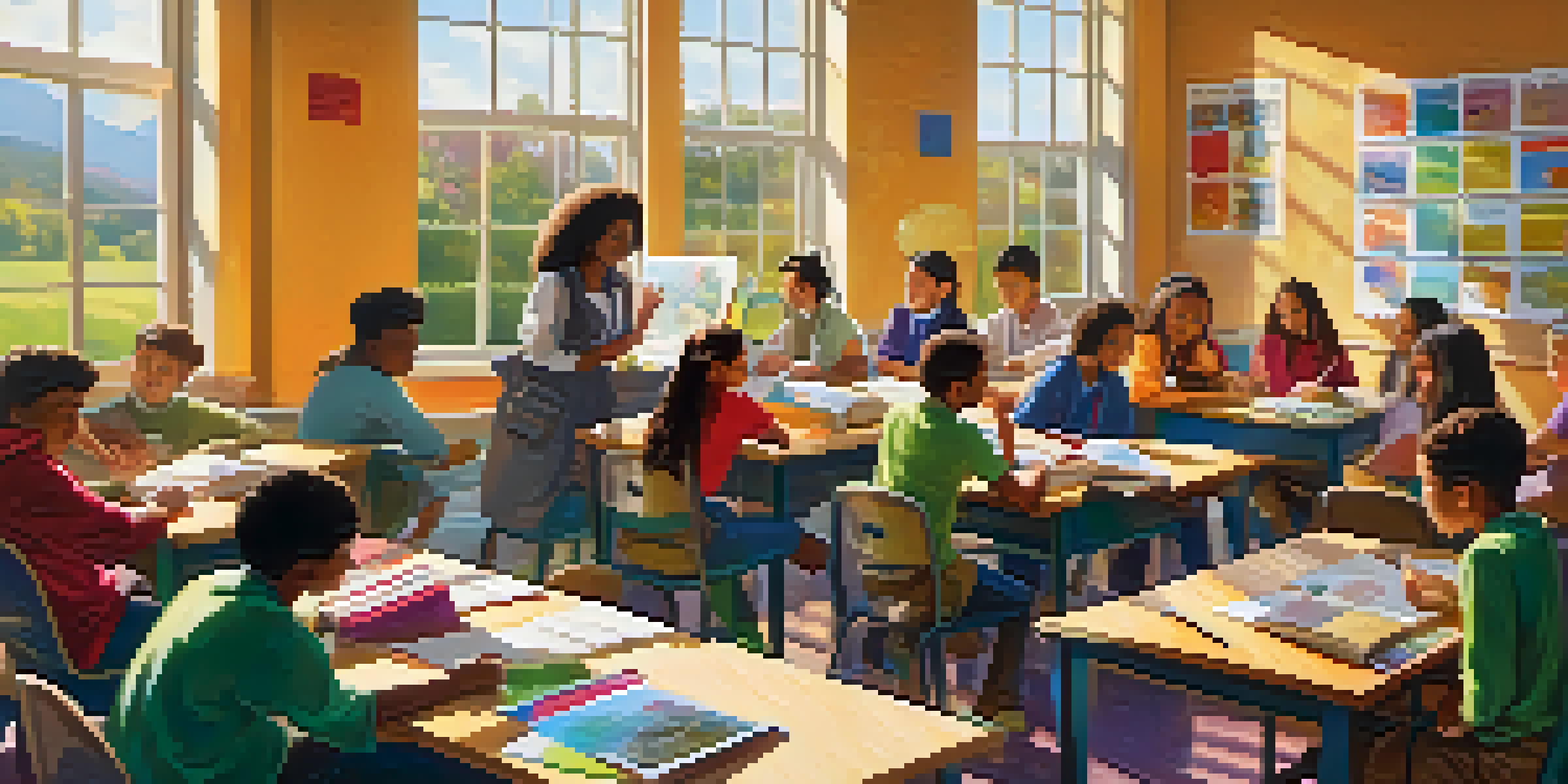 A diverse group of students collaborating in a colorful classroom filled with educational materials and sunlight.