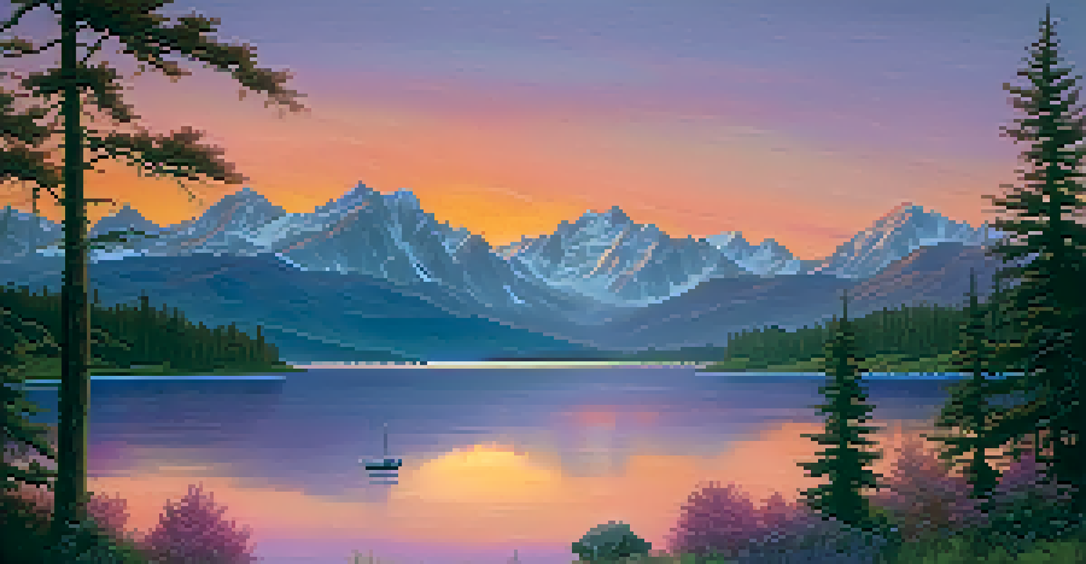 A stunning viewpoint of mountains and a lake at sunset, with colorful skies and silhouetted trees in the foreground.