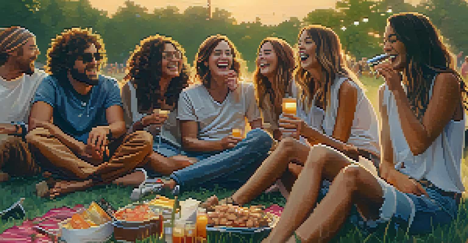 A group of friends sitting on a blanket at a music festival, enjoying snacks and live music during a beautiful sunset.