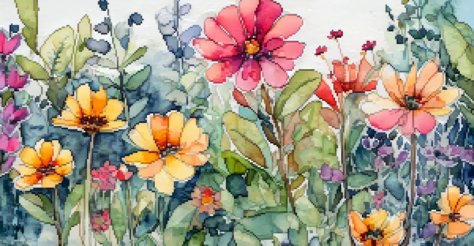 A mixed media watercolor artwork of a whimsical garden, featuring colorful flowers with ink outlines and textured fabric elements.