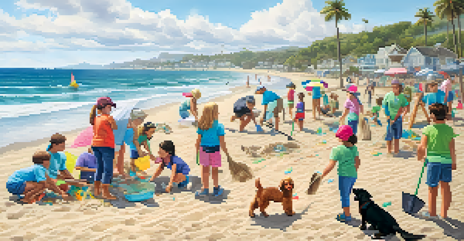 A beach clean-up event with families and dogs working together to clean the shoreline, depicting community involvement.