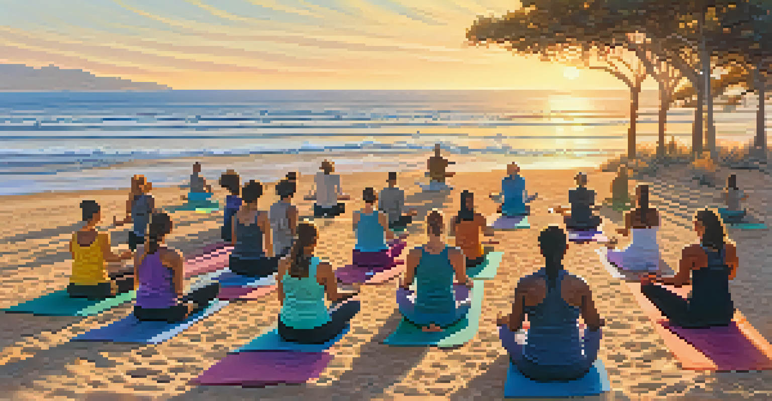 A beach yoga class in Santa Barbara with participants practicing poses on the sand as waves crash in the background.