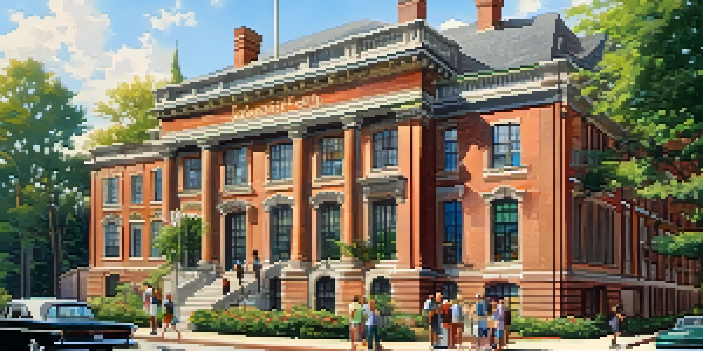 A historical society building with a sign, surrounded by greenery and people on a guided tour, enjoying the sunny day.