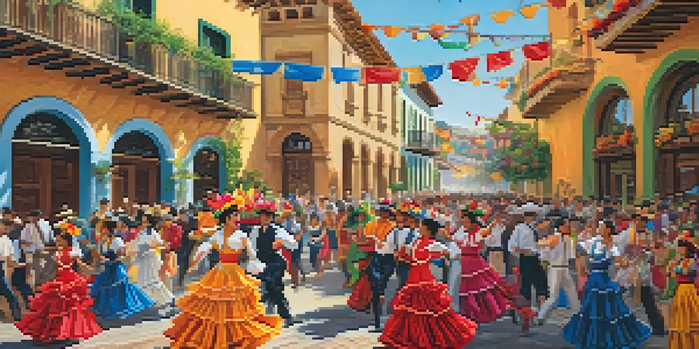A lively street scene from the Santa Barbara Fiesta, featuring dancers in traditional costumes and a festive atmosphere with Spanish-style buildings.