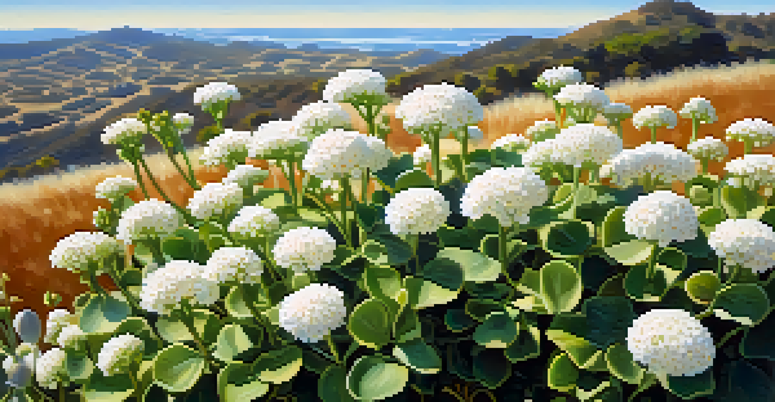 Close-up of a California buckwheat plant with white flowers against a blurred landscape of Santa Barbara under blue skies.