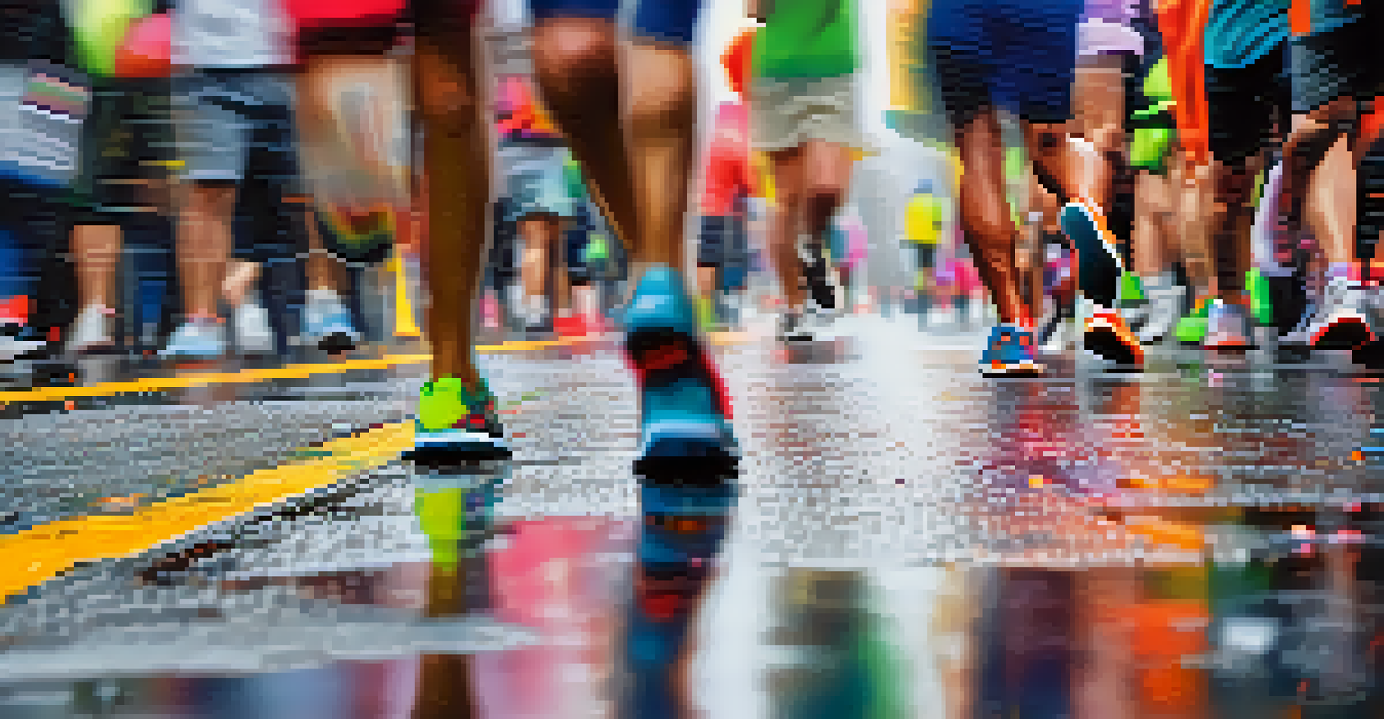 A close-up of colorful sneakers on a pavement during a charity run, with blurred runners in the background.