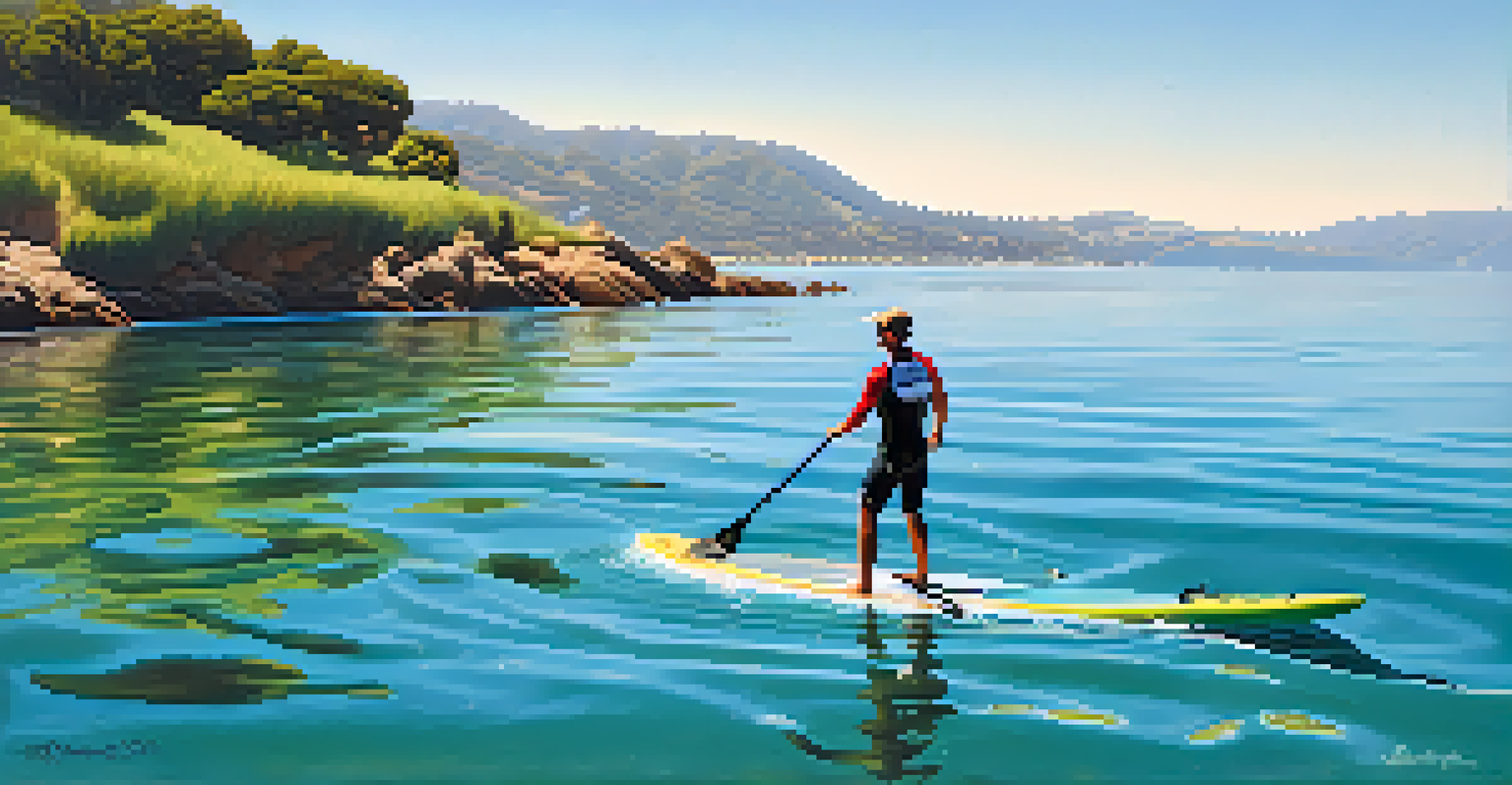 A stand-up paddleboarder on clear waters of Santa Barbara with the coastline and a sea otter nearby.
