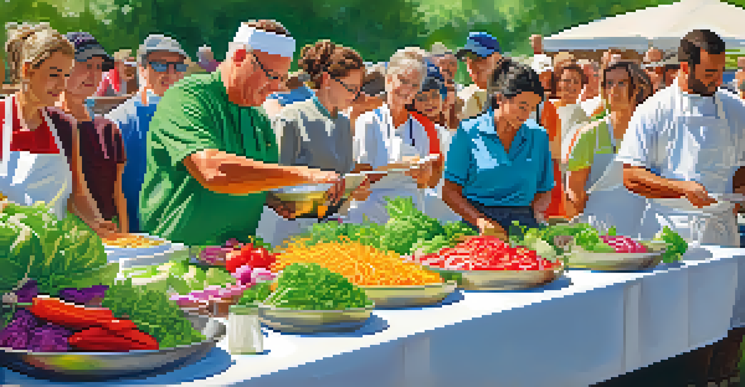 A chef demonstrating how to prepare a salad with fresh ingredients, surrounded by an audience in a bright and colorful setting.