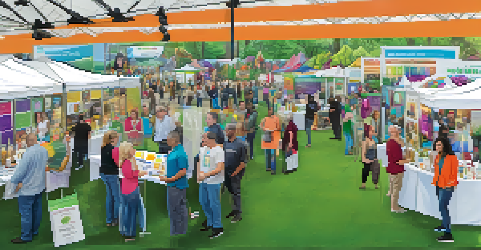 A bustling wellness expo with booths and attendees engaging in various activities.