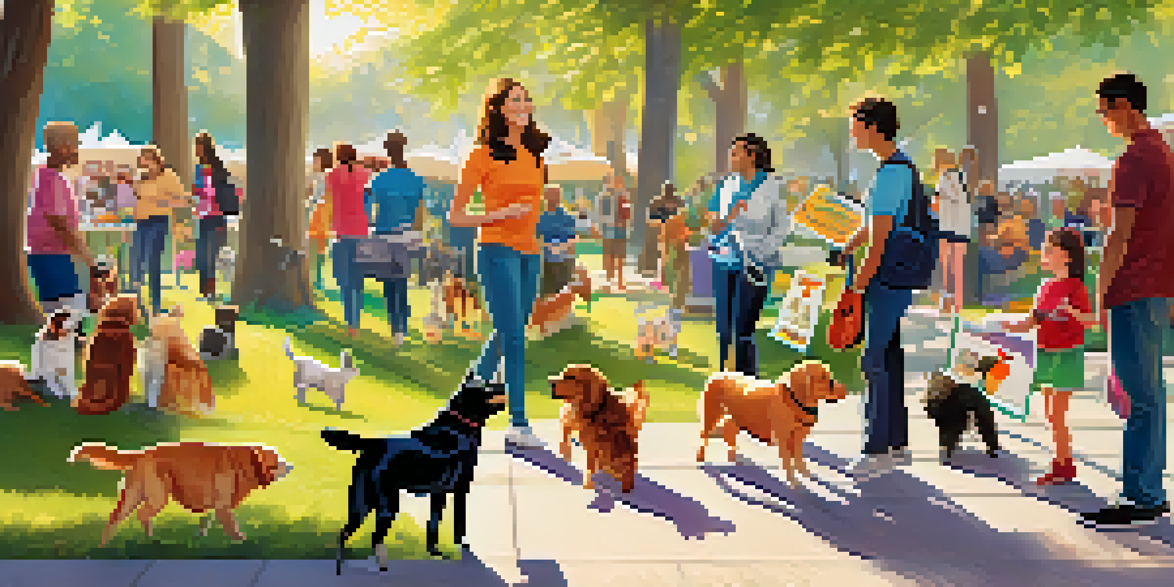 A lively pet adoption event with people interacting with dogs and cats in a sunny park setting.