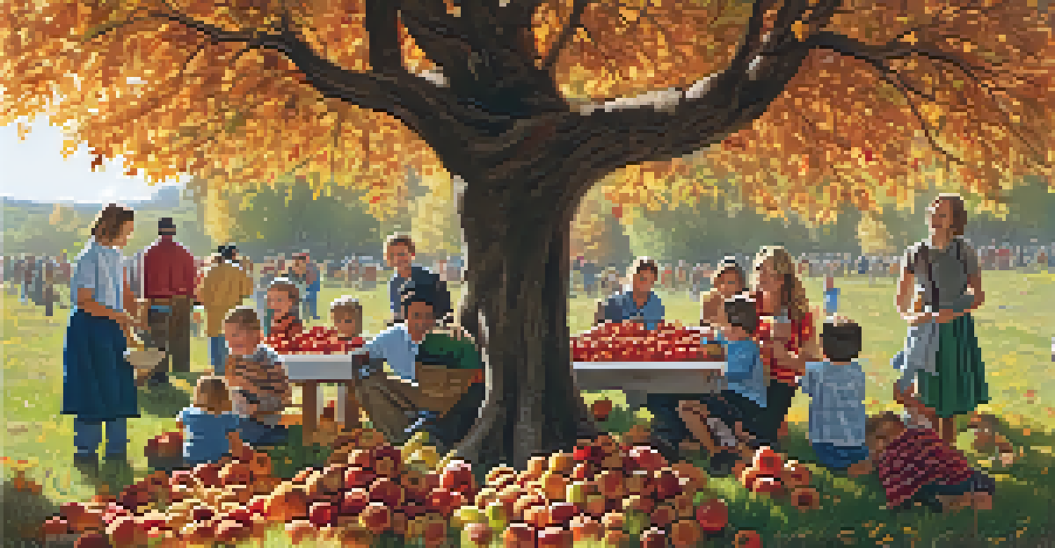 Families enjoying a harvest festival, picking apples in an orchard, with vibrant autumn colors and local vendors.