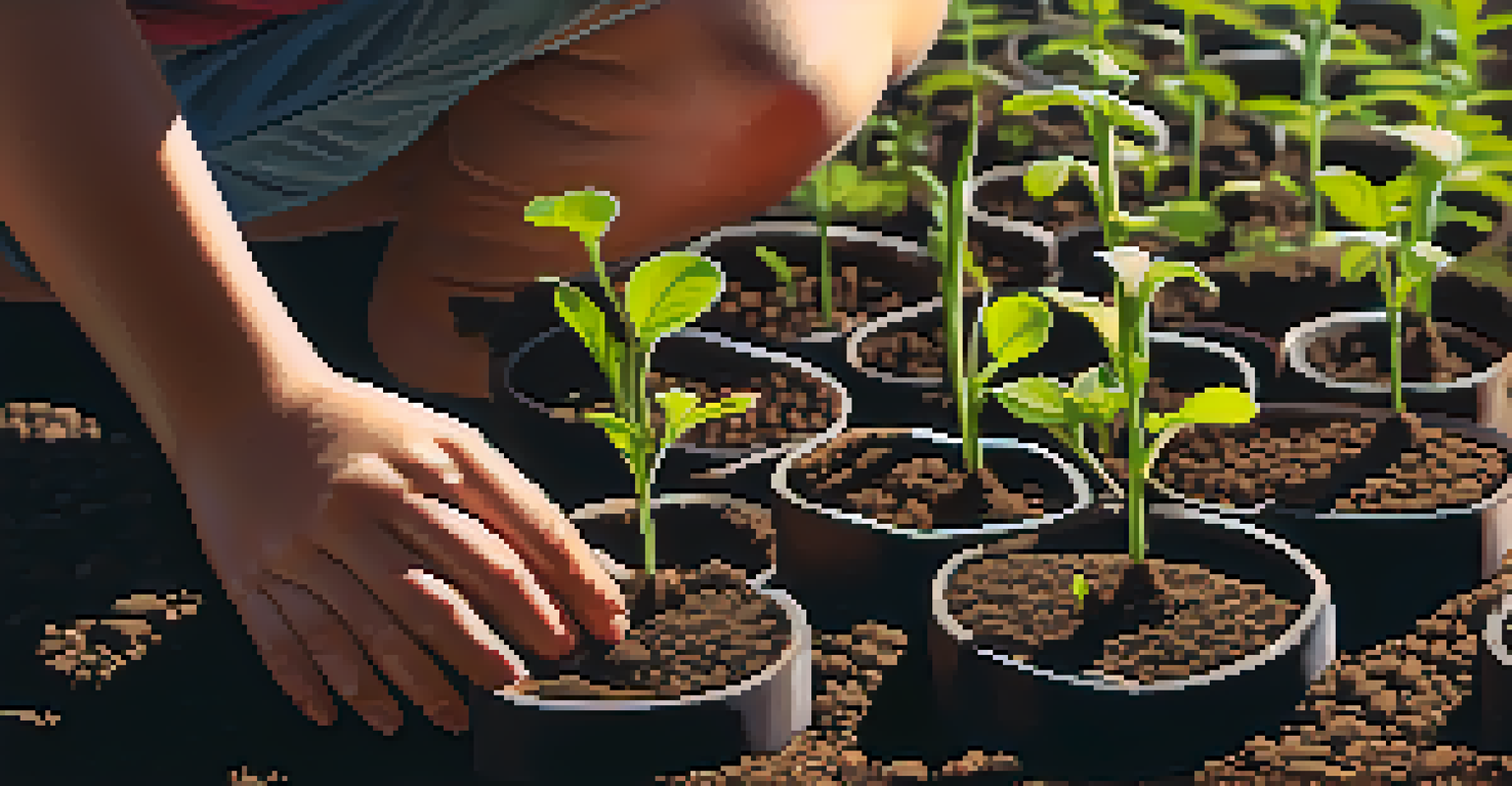Close-up of hands planting seeds in dark soil with seedlings around.