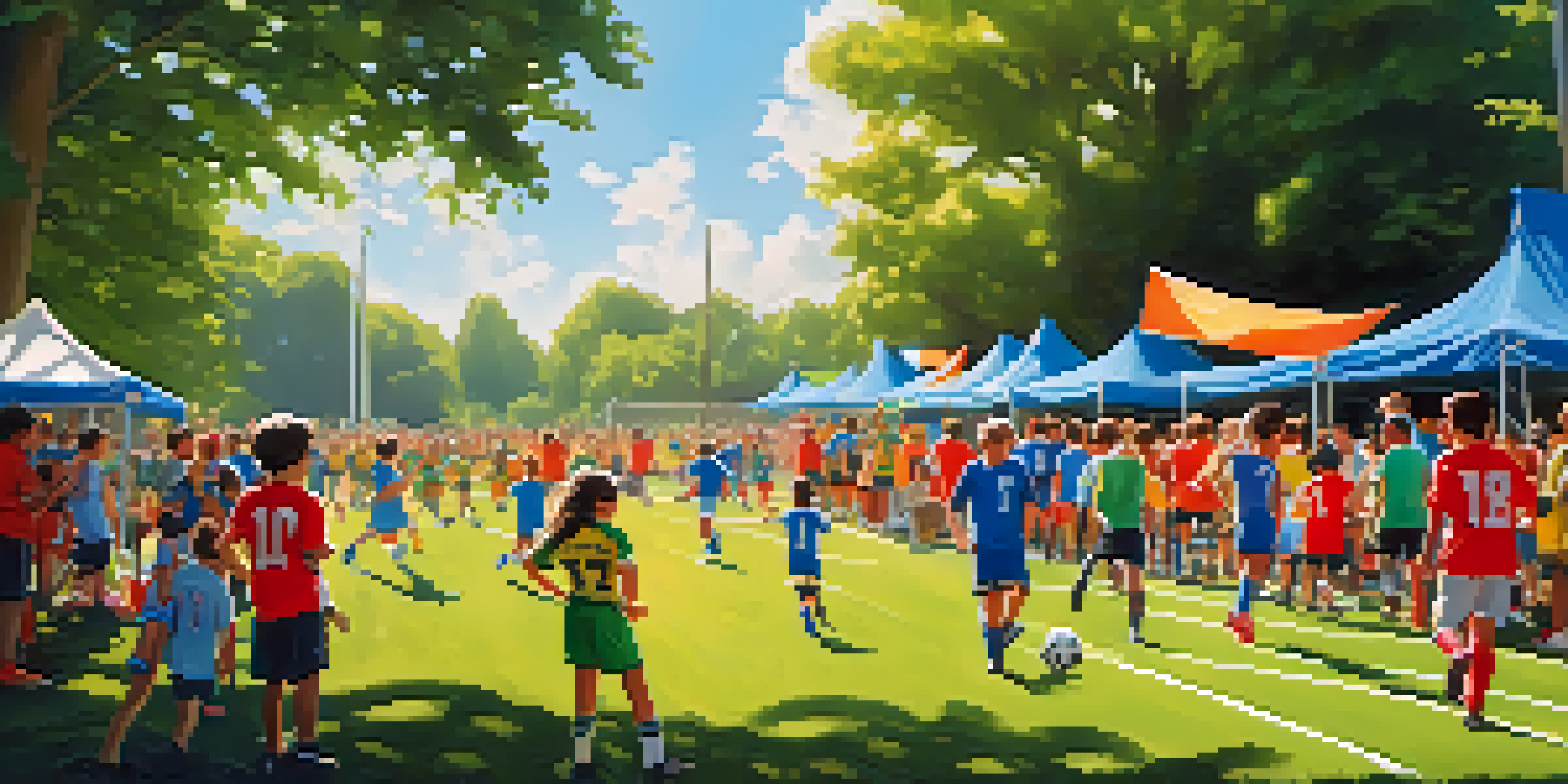 A lively community soccer game with families cheering on the sidelines, children playing, and colorful jerseys under a sunny sky.