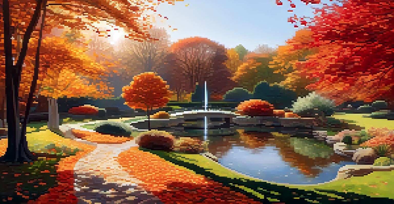 An autumn botanical garden with trees in vibrant orange and red leaves, a winding path, and a reflecting pond.