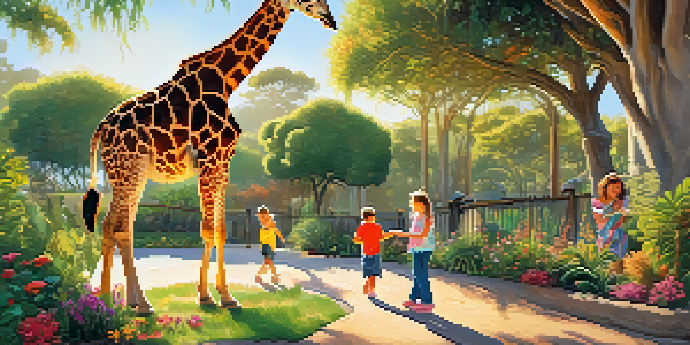 A family feeding a giraffe at the Santa Barbara Zoo, surrounded by colorful flowers and greenery, with sunlight illuminating the scene.