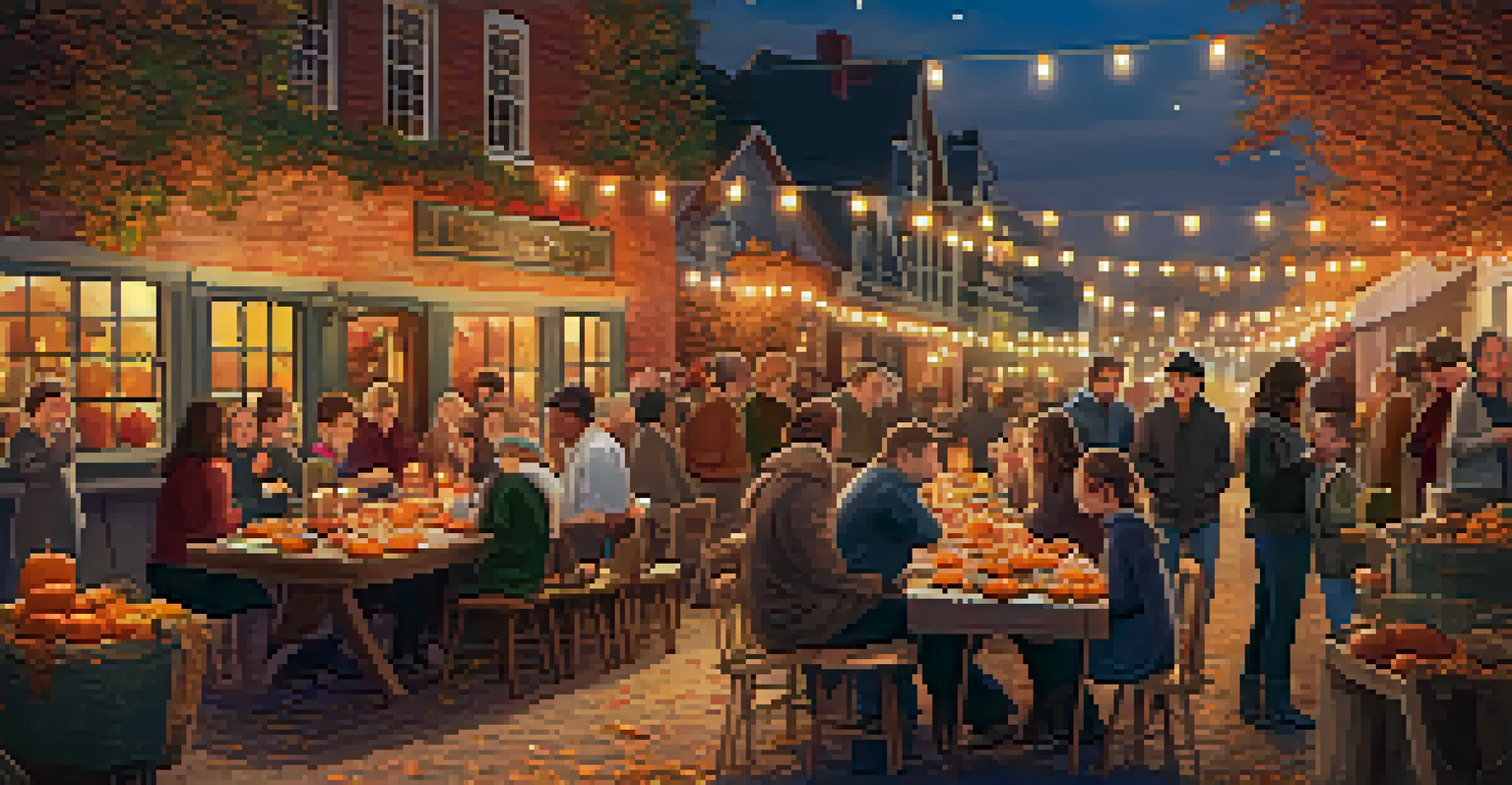 A cozy autumn harvest festival scene featuring families around a table with seasonal produce and pumpkins, illuminated by warm string lights.