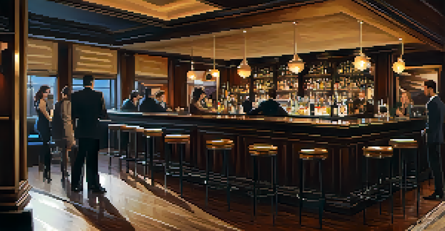 An elegant bar interior at The Good Lion with artfully crafted cocktails, dim lighting, and patrons enjoying a cozy atmosphere.