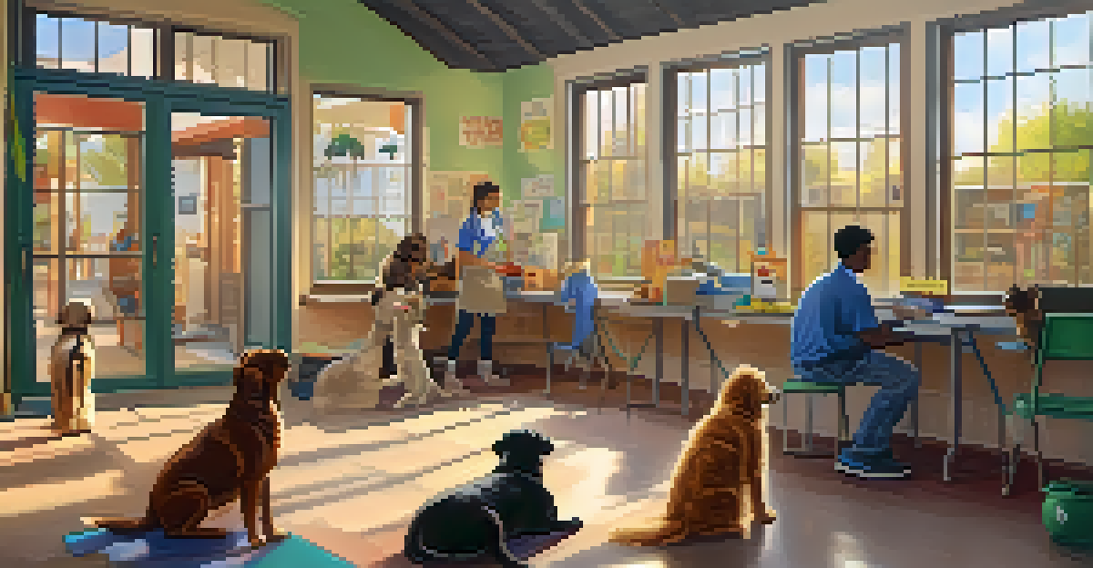 Volunteers at a local animal shelter caring for dogs and cats, creating a nurturing environment.