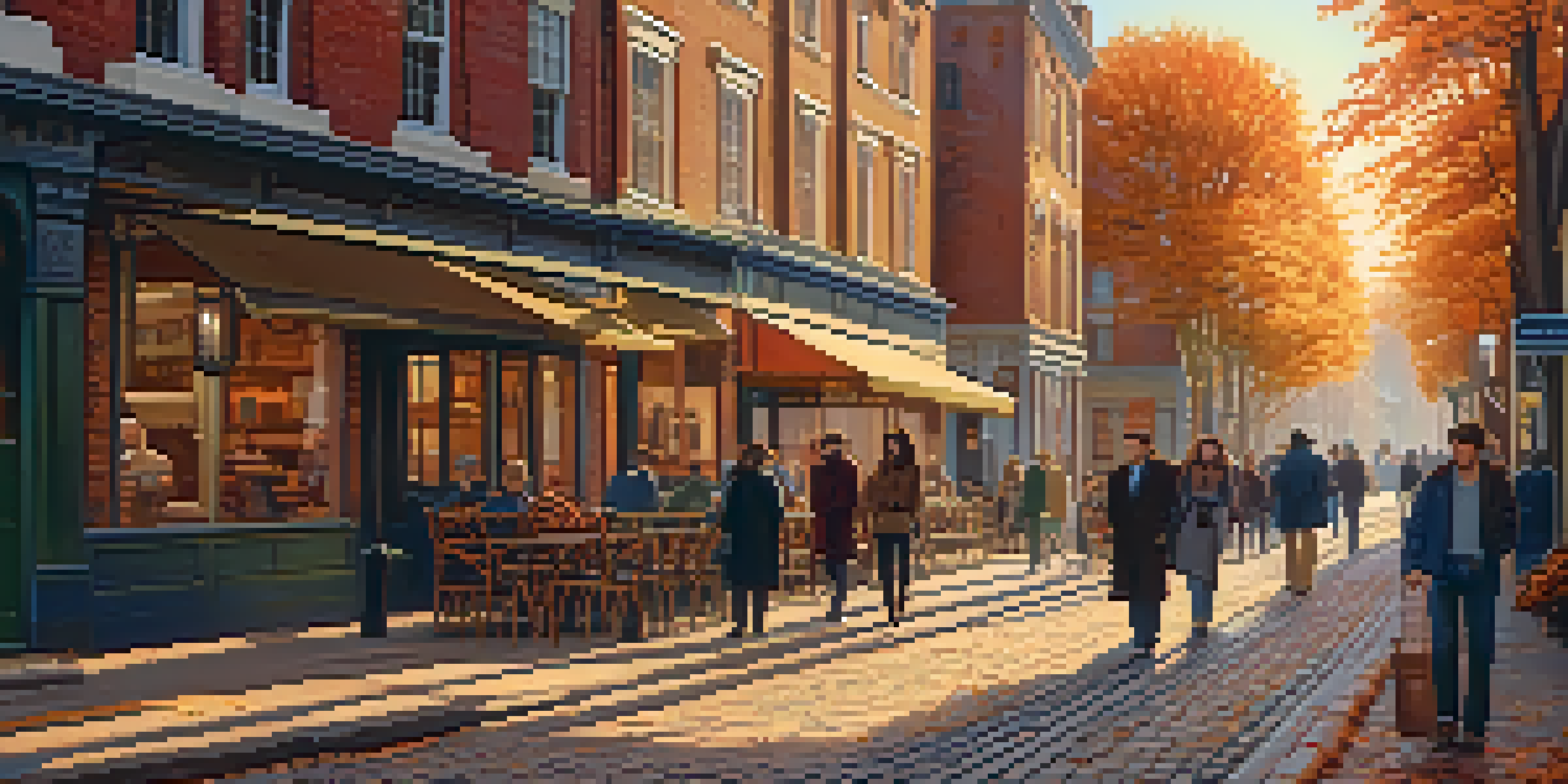 A scenic view of a historic district with preserved buildings during sunset, with people walking along cobblestone streets and autumn trees.