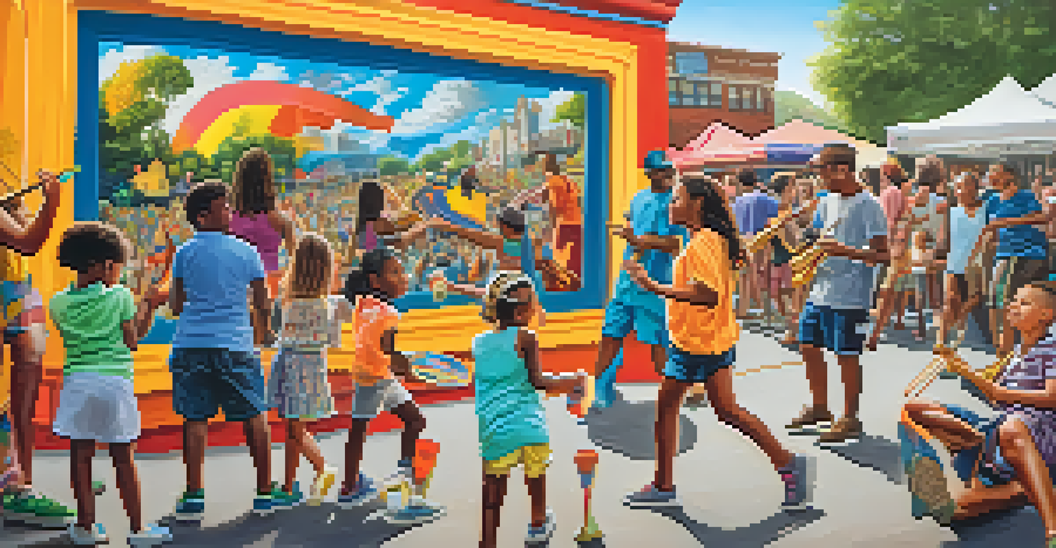 Children participating in art projects at the Funk Zone Festival, with colorful murals and musicians performing in the background.