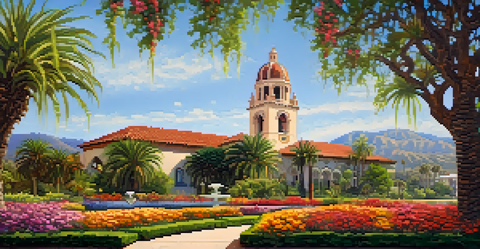 The architectural beauty of Santa Barbara Courthouse with vibrant tiles and gardens, featuring the clock tower against a blue sky.