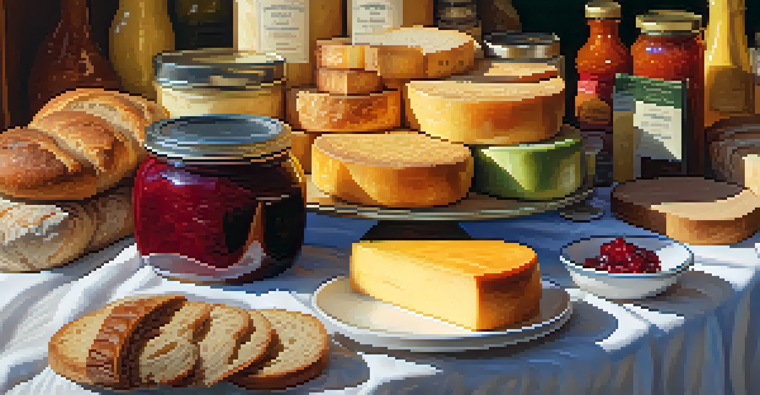 A close-up of a vendor's table filled with artisanal cheeses, baked goods, and colorful jars of jams at a farmers' market.