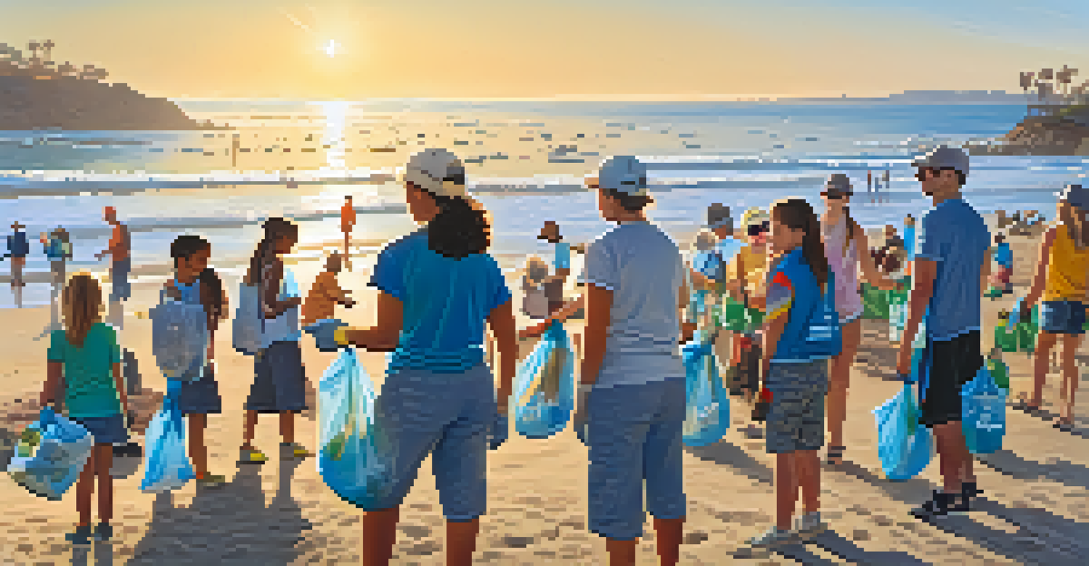 A community beach clean-up event in Santa Barbara, with diverse volunteers collecting trash on the sunny shore.