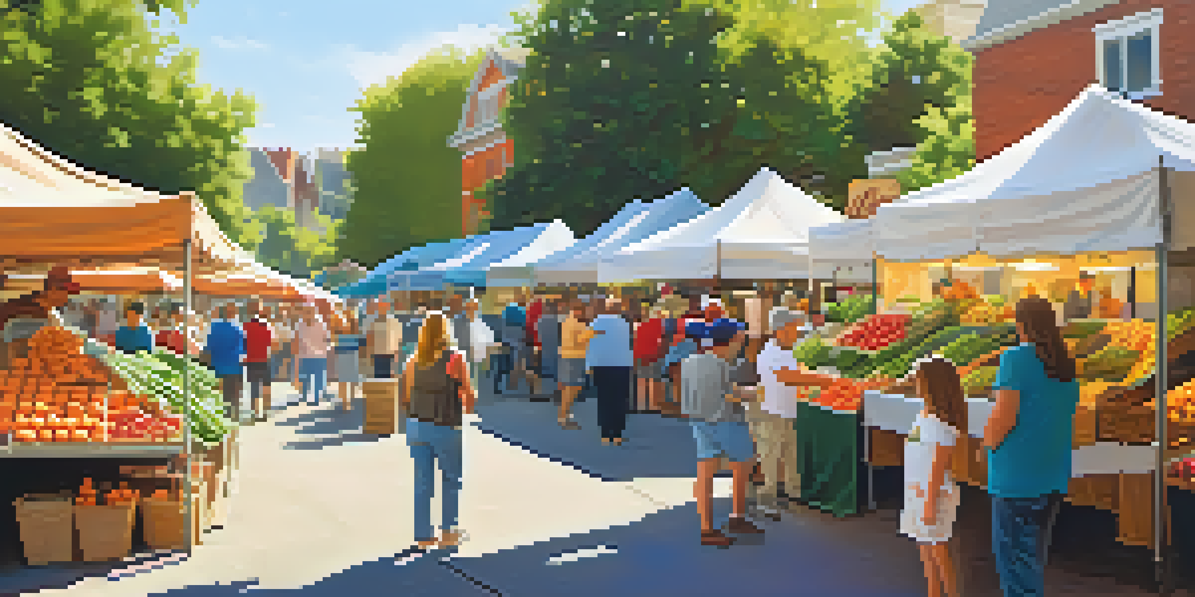A lively farmers' market with stalls of fresh fruits and vegetables, handmade crafts, and families enjoying the atmosphere.