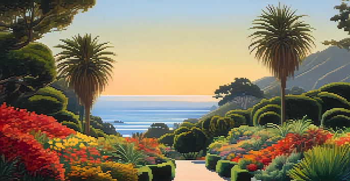 A scenic view of Franceschi Park with colorful flowers and exotic plants, illuminated by warm sunlight, overlooking the Pacific Ocean.