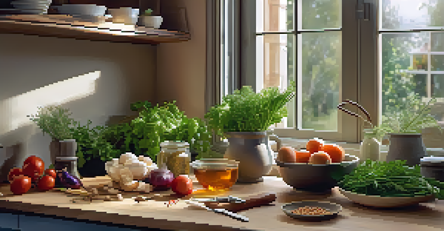 A kitchen countertop filled with fresh local ingredients, herbs, and a cutting board.