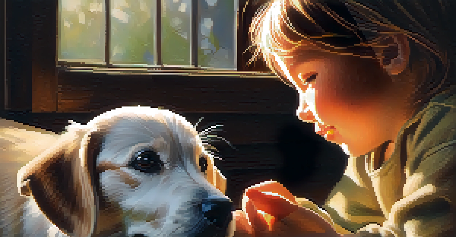 A child affectionately petting a small rescue dog in a warm, cozy environment, highlighting their bond.