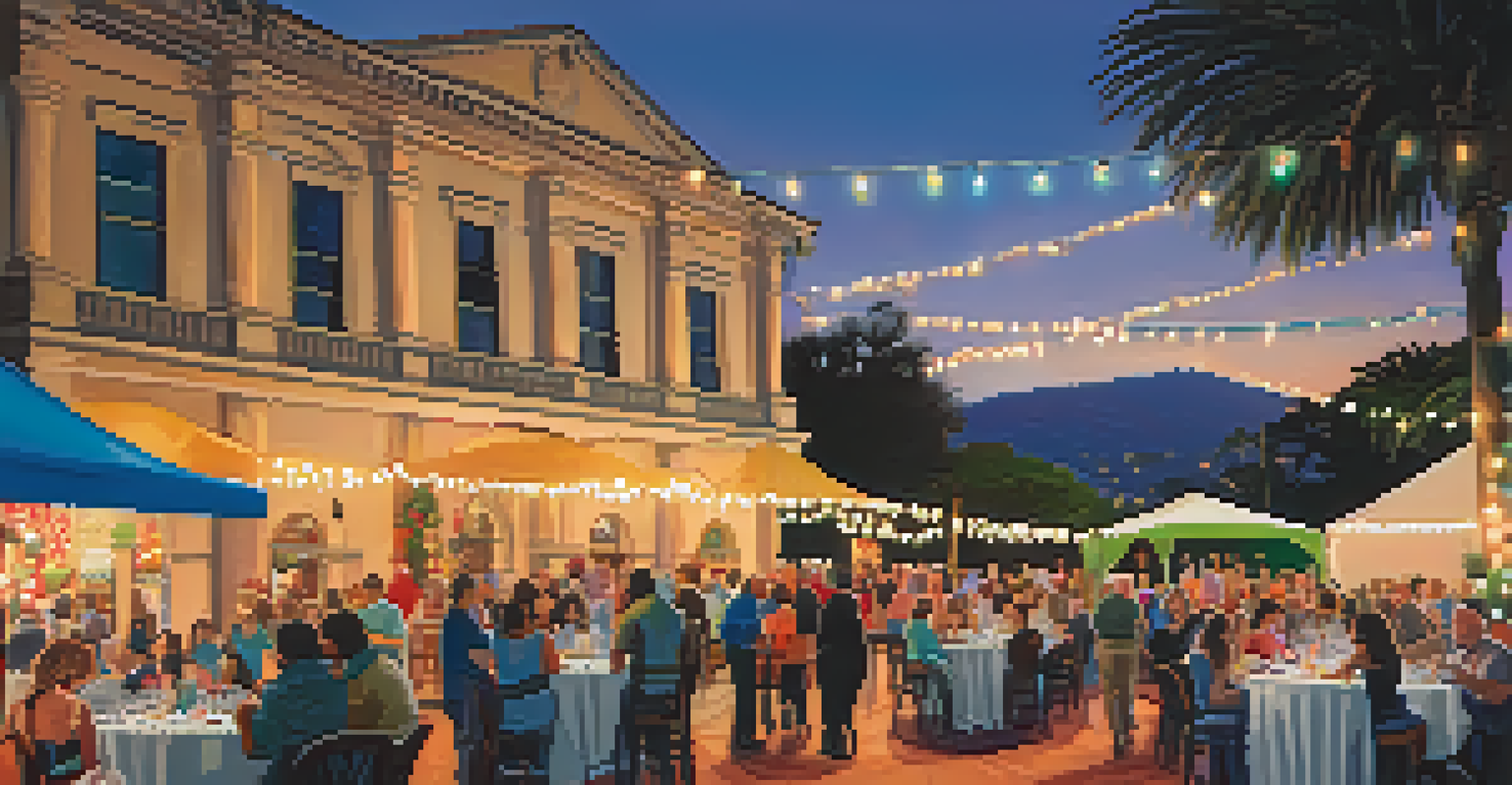 An outdoor fundraising event for landmark restoration in Santa Barbara, with attendees enjoying food and drinks under string lights near a restored building.
