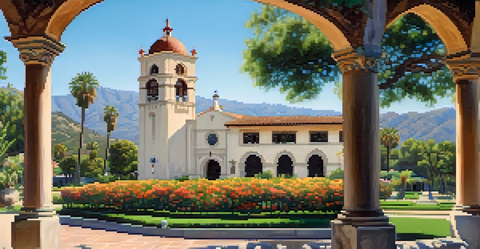 The Santa Barbara Courthouse featuring its colorful tiles and clock tower, surrounded by blooming trees and mountains.