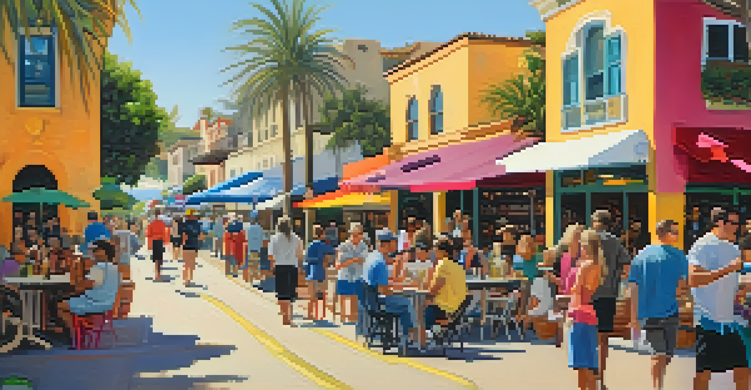 A lively street scene in the Funk Zone with murals, art installations, and people exploring galleries.